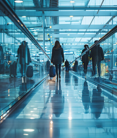Menschen laufen über einen Flughafen zwischen Glasgeländern