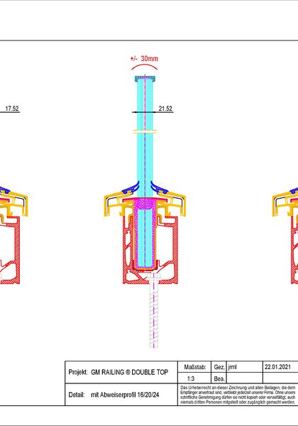 Detailzeichnung Glasgeländer-System GM RAILING® DOUBLE TOP Profilquerschnitt & Abweiser