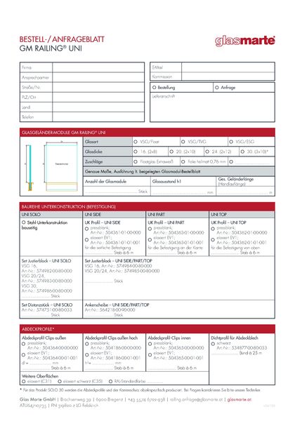 Anfrage- und Bestellformular: Glasgeländer-System GM RAILING® UNI